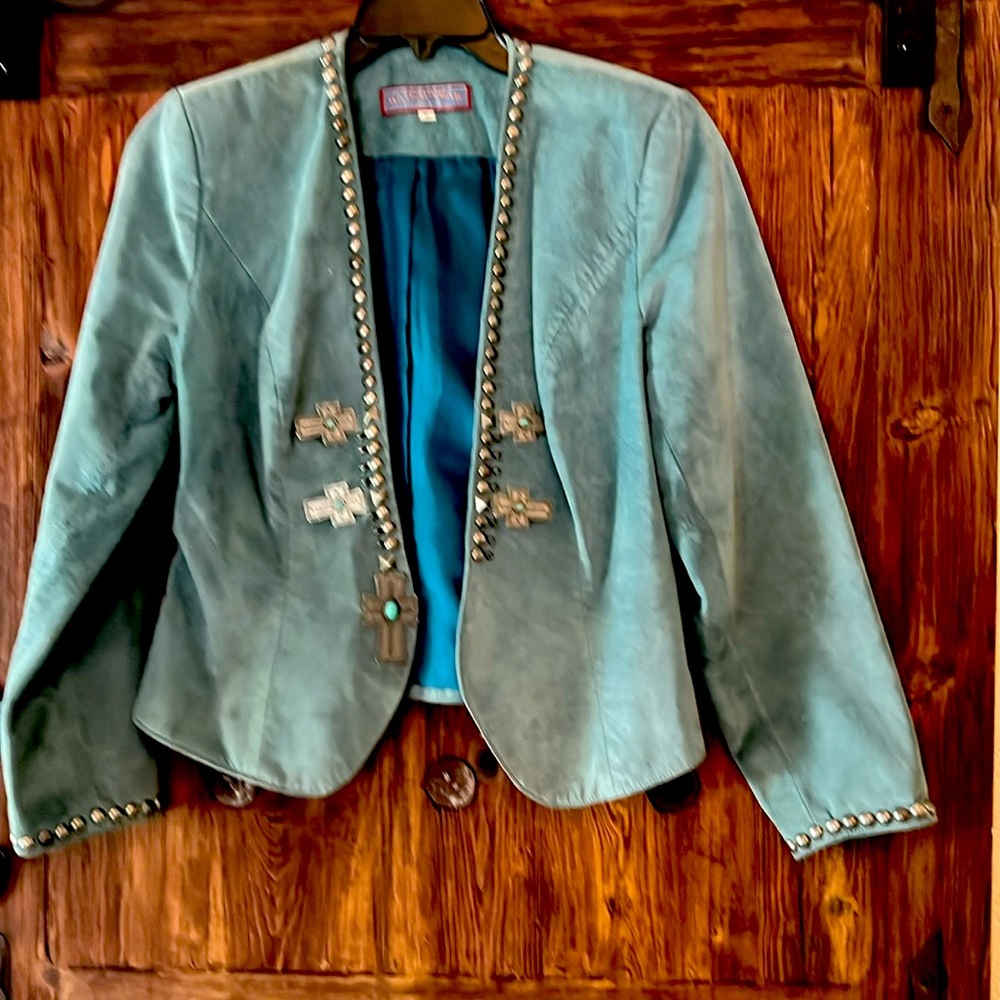 Double D Ranch Teal Leather Jacket with Silver Accents